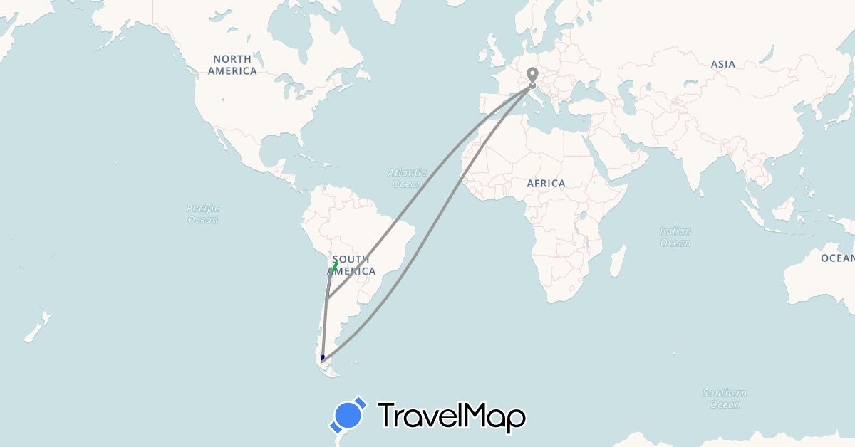 TravelMap itinerary: driving, bus, plane in Argentina, Bolivia, Chile, Italy (Europe, South America)